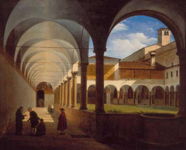 Veduta prospettica del chiostro di San Francesco a Bergamo