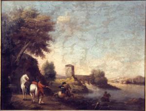 Paesaggio con cavalieri che attraversano un fiume