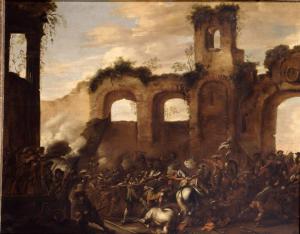 Battaglia con cavalieri davanti a rovine romane