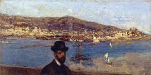 Veduta del porto di Genova con ritratto maschile