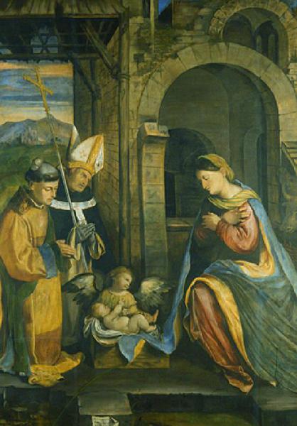 Adorazione del Bambino con la Madonna, un angelo, Santo Stefano e Sant'Antonino