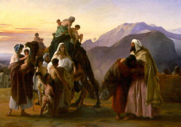 Giacobbe, incontratosi con Esaù, e inchinandosi a lui sette volte, gli mostra il gregge ed i cammelli che gli aveva mand
