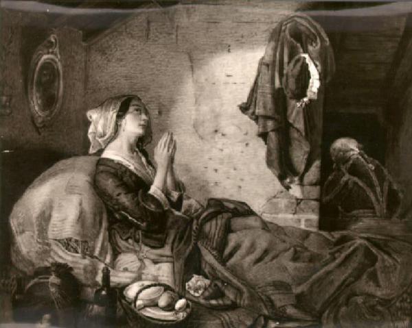 Figura di giovane donna caduta in miseria che riceve l'aiuto da un servitore