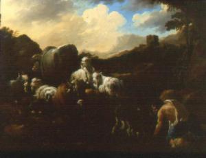 Figura di pastore che beve ad un ruscello, con cane, pecore e mucche
