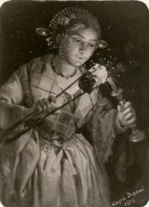 Figura femminile di contadina che accende una candela con un tizzone