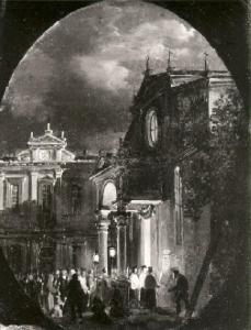 Veduta architettonica con processione notturna