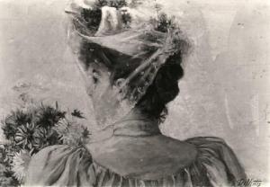 Figura di giovane donna con cappello e veletta