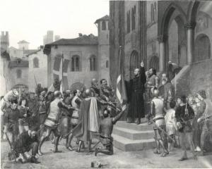 Fra Jacopo Bossolaro che fa giurare ai pavesi fedeltà al vessillo della città