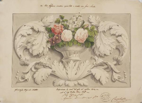 Motivo decorativo con vaso, foglie di acanto e fiori