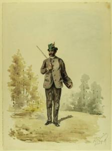 Autoritratto di Alessandro Greppi in abiti da cacciatore