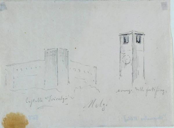Prospetto del castello Trivulzio e dettaglio della torre civica a Melzo