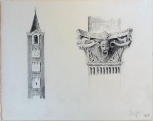 Campanile della chiesa di S. Giovanni Battista a Busto Arsizio e dettaglio di un capitello
