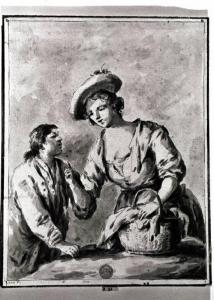 Figura femminile con cesto a colloquio con un giovane