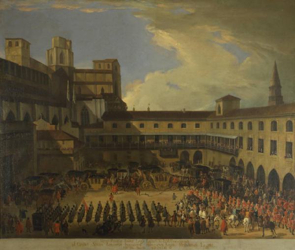 Ingresso degli ambasciatori veneziani nel Palazzo Ducale di Milano in occasione dei festeggiamenti per l'arrivo del Re di Spagna Carlo VI