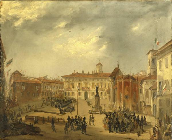 Piazza Borromeo durante le Cinque Giornate. Episodio delle Cinque Giornate: prigionieri austriaci in piazza Borromeo 20 - 3 - 1848