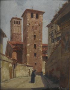 Torri e basilica di Sant'Ambrogio dal vicolo Sant'Agostino