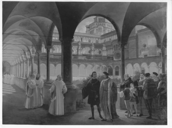 Veduta del cortile della Certosa di Pavia con Ludovico il Moro e Carlo VIII