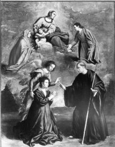 Nobildonna in preghiera accompagnata da un angelo supplica San Benedetto alla presenza della Madonna con Bambino tra Sant'Anna (?) e San Giovanni Evangelista