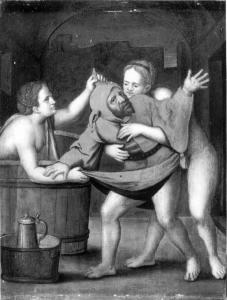 Donne nude spingono un giullare ad entrare in una tinozza