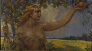 Donna nuda che raccoglie un frutto
