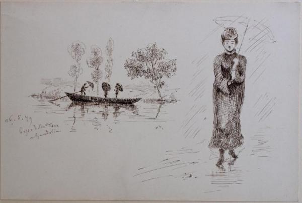 Veduta del Toce con imbarcazione e figura femminile con ombrello sotto la pioggia