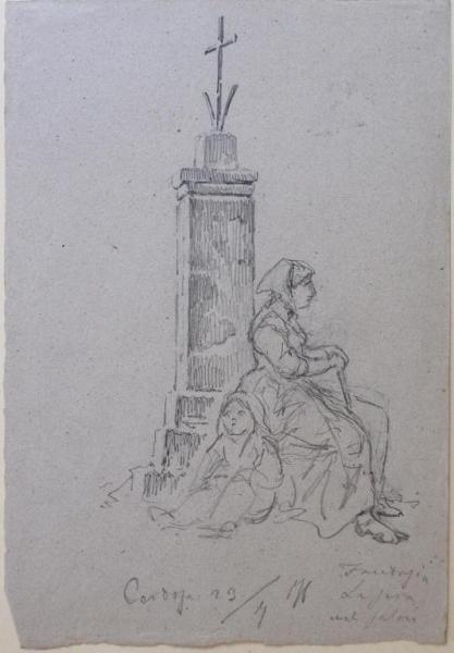 Donna e bambina sedute ai piedi di un cippo