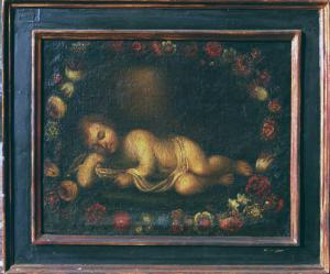 Gesù Bambino dormiente circondato da una ghirlanda di fiori