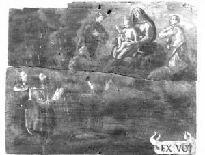 Madonna con Bambino benedicente, due Santi e tre devoti (famiglia) in preghiera