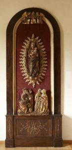 Madonna Immacolata con Bambino/ santi in adorazione/ angeli reggicartiglio