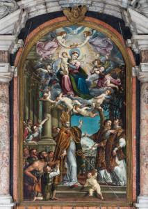 San Carlo Borromeo indica la Madonna ai poveri alla presenza dei santi Faustino e Giovita