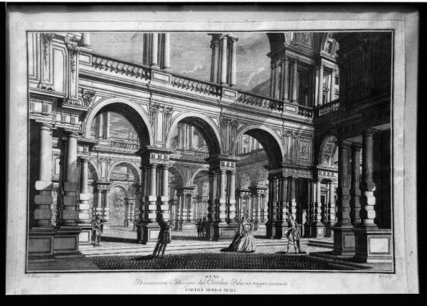Scena d'invenzione e disegno del Cavalier Bibiena rappresentante cortili diversi realicortili diversi reali