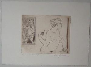 Figura femminile nuda con due chiavi in mano e satiro