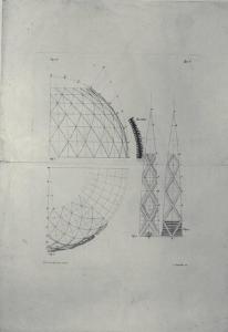 Proiezione in pianta, sezione e dettagli di una cupola a lacunari