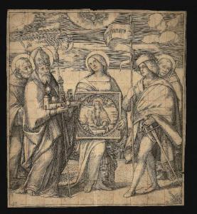 Santi patroni di Bologna: san Domenico, san Petronio, santa Caterina Vigri da Bologna, san Floriano e san Francesco d'Assisi