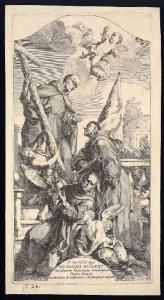 San Pietro d'Alcantara con una croce, san Giovanni da Capistrano con bandiera e san Jacopo della Marca con un ciborio