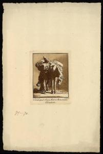 Figura maschile col braccio appoggiato ad un cavallo pesantemente caricato