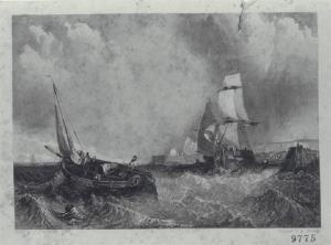 Barca di pescatori in mare in tempesta all'imbocco del porto