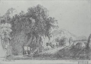 Scena montana con piccola mandria e due pastori