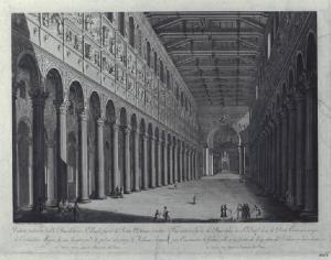 Veduta interna della Basilica di S. Paolo fuori la Porta Ostiense, eretta / da Costantino Magno; la sua lunghezza è di palmi 355 senza la Tribuna, e larga 203