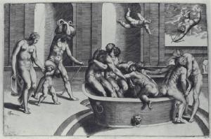 Figure femminili e maschili si bagnano in una grande vasca