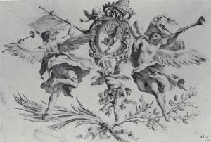 Stemma di un doge circondato da amorini e sorretto da due raffigurazioni allegoriche della Fama