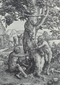 Adamo ed Eva colgono il frutto del peccato originale