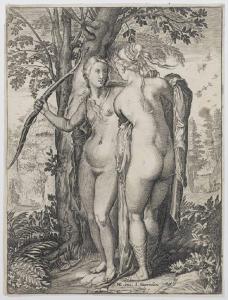 Due Ninfe di Diana in piedi davanti ad un albero