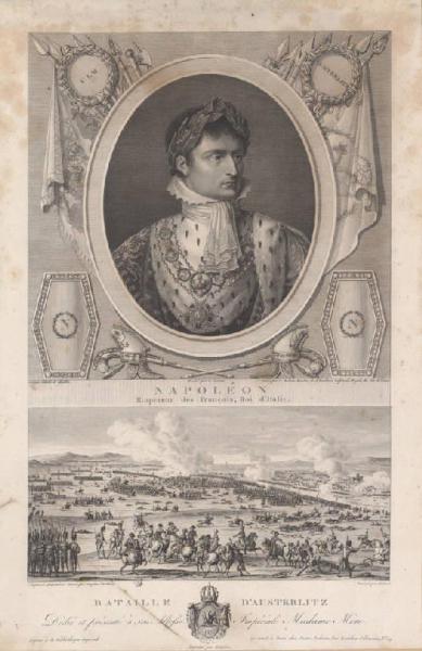 Ritratto di Napoleone Bonaparte imperatore e raffigurazione della battaglia di Austerlitz