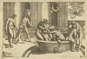 Uomini e donne nudi fanno il bagno in una vasca