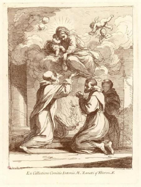 Apparizione della Vergine e del Bambino Gesù a tre religiosi inginocchiati