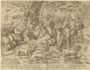 Noè esce dall'arca con la famiglia circondato dagli animali