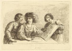 Una donna in atto di mostrare un disegno ad altre due donne