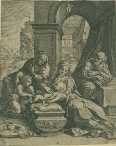La Sacra Famiglia, Sant'Anna e San Giovannino con un agnello, davanti ad un arco