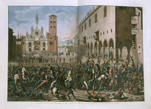 Caduta dei Bonacolsi ed elevazione dei Gonzaga nel 1328, 16 Agosto da un quadro del 1494 di Domenico Moroni presso la famiglia Fochessati in Mantova.